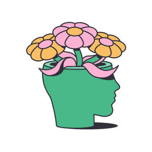 An illustration of flowers growing out of a human-head shaped pot