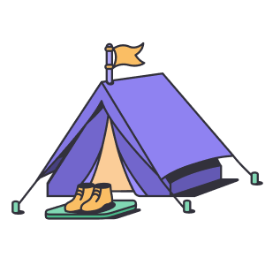 An illustration of a camping tent with a pair of boots sitting in front