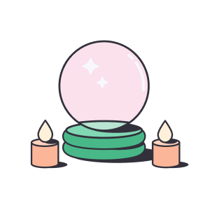 An illustration of a crystal ball surrounded by two candles