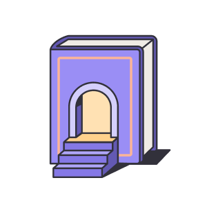 An illustration of a book-shaped building with an entrance
