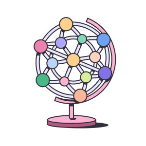 An illustration of a network of nodes shaped as a desktop globe